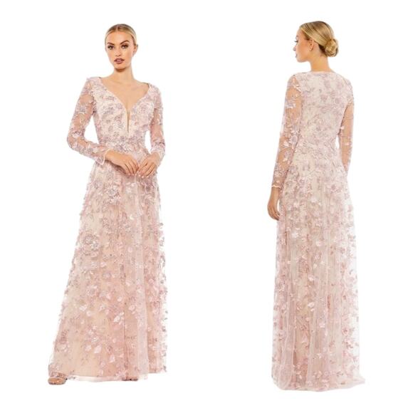 Mac Duggal 70224 Floral Applique Illusion Gown Long Sleeve Rose Pink Size 8 NWT - Picture 1 of 16